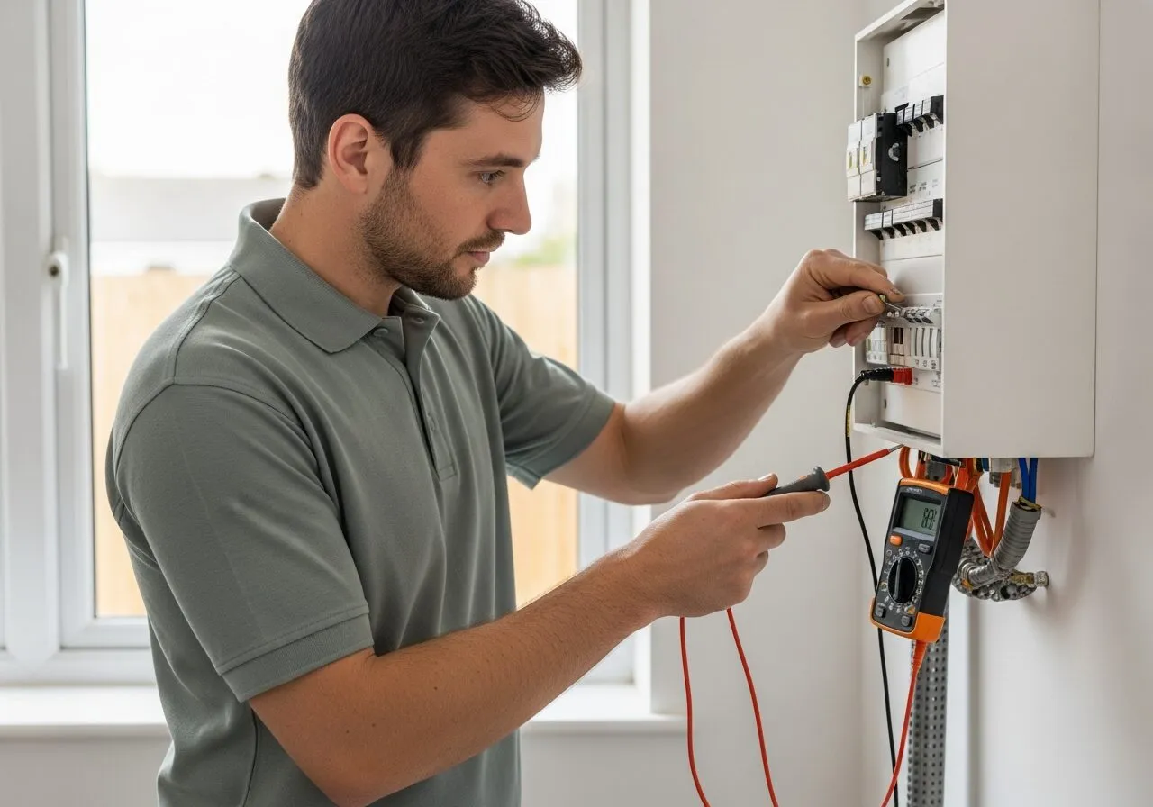Electrician working on a consumer unit in a London property