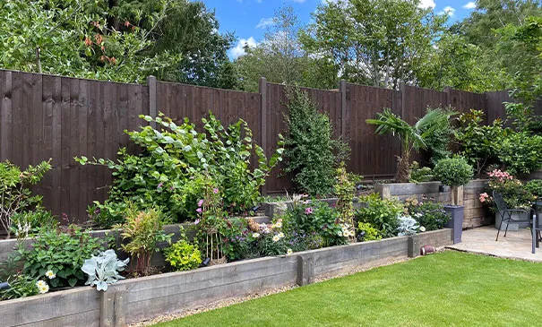 Landscaped raised sleeper beds with mixed planting