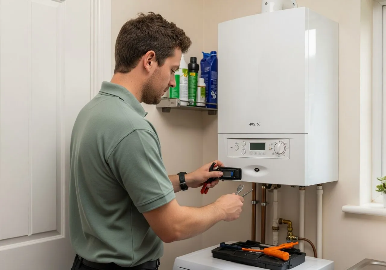 Heating engineer servicing a wall-mounted boiler in London